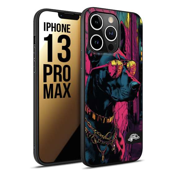 CUSTOMIZZA - Custodia cover nera morbida in tpu compatibile per iPhone 13 PRO MAX animali cyberpunk dobermann cane street dog fucsia blu