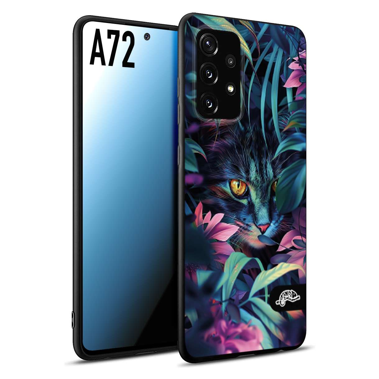 CUSTOMIZZA - Custodia cover nera morbida in tpu compatibile per Samsung A72 animali color giungla tropicale occhio di gatto colori vibranti disegnato