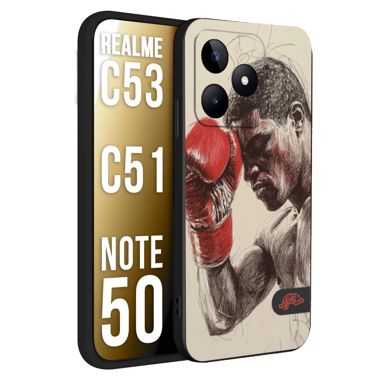 CUSTOMIZZA - Custodia cover nera morbida in tpu compatibile per Realme C53 - C51 - NOTE 50 pugilato pugili disegno tattoo guantoni boxer pesi massimi