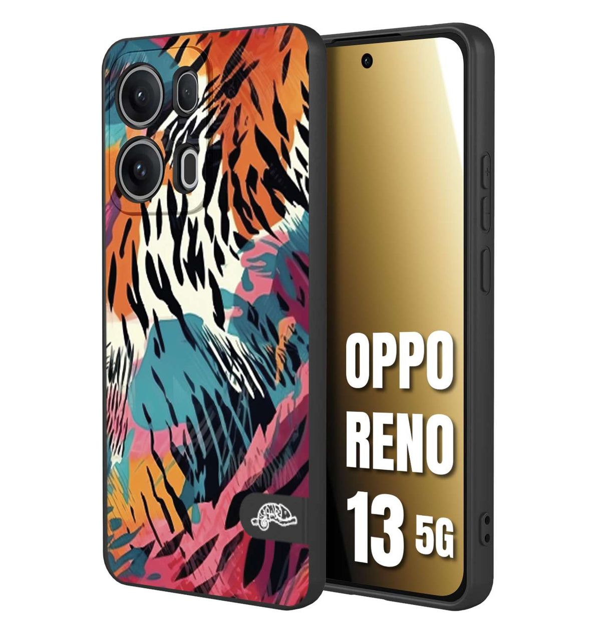 CUSTOMIZZA - Custodia cover nera morbida in tpu compatibile per Oppo Reno 13 5G leopardato maculato tigrato tiger colorata summer color