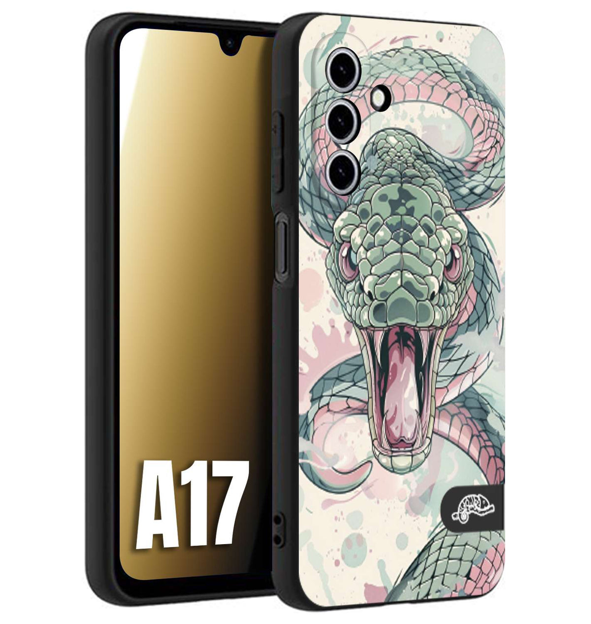 CUSTOMIZZA - Custodia cover nera morbida in tpu compatibile per Samsung A17 snake pink green serpente tatuaggio tattoo disegnato a mano