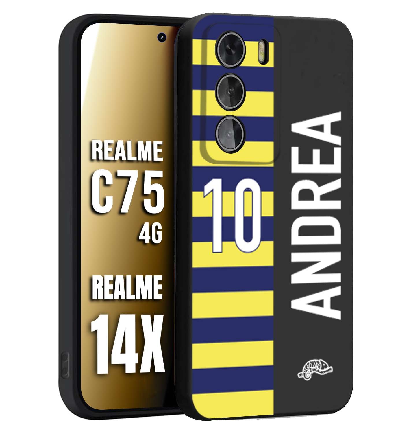 CUSTOMIZZA - Custodia cover nera morbida in tpu compatibile per Realme 14X - C75 4G personalizzata calcio football nome e numero calciatori giallo blu