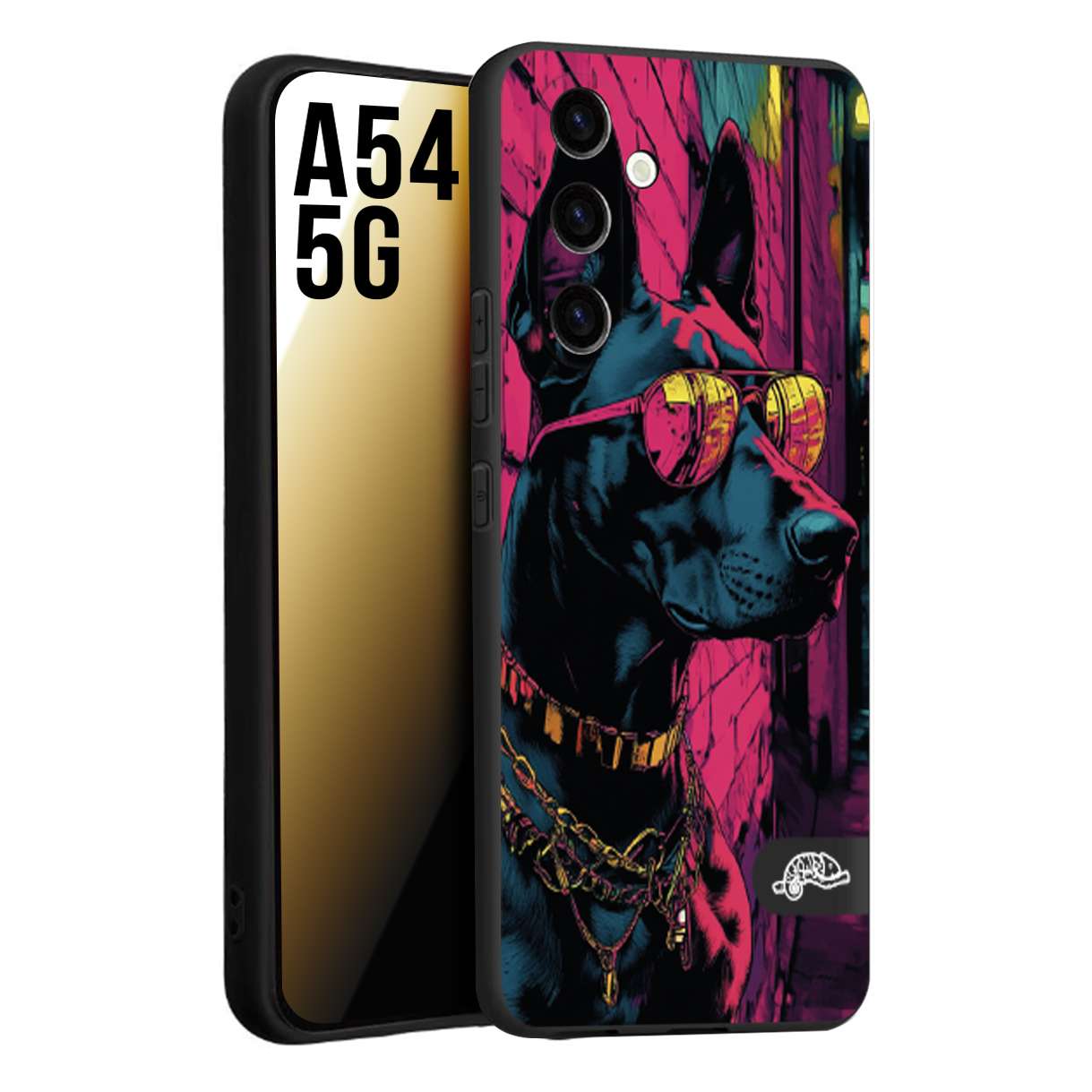 CUSTOMIZZA - Custodia cover nera morbida in tpu compatibile per Samsung A54 5G animali cyberpunk dobermann cane street dog fucsia blu