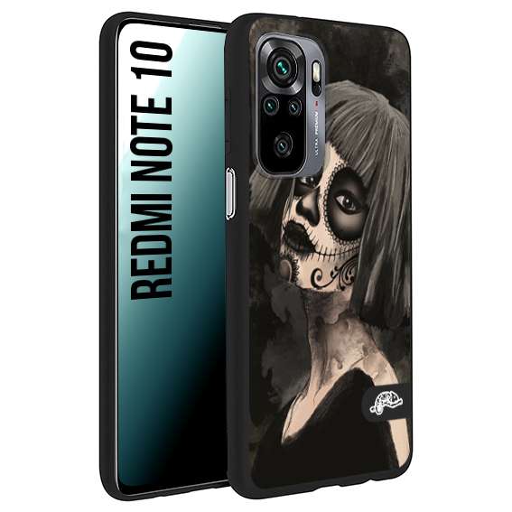 CUSTOMIZZA - Custodia cover nera morbida in tpu compatibile per Xiaomi Redmi Note 10 chicana messicana dea de la muerte donna santa tattoo disegnata