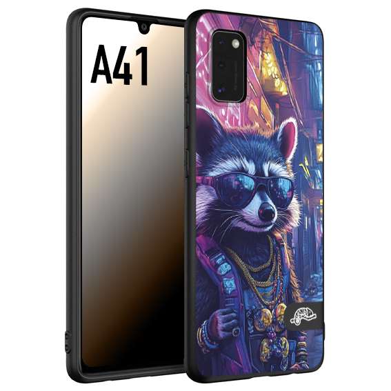 CUSTOMIZZA - Custodia cover nera morbida in tpu compatibile per Samsung A41 animali simpatici cyberpunk procione racoon street cat fucsia blu giallo