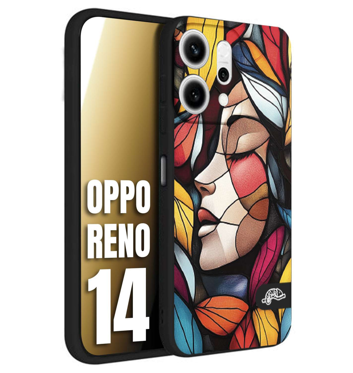 CUSTOMIZZA - Custodia cover nera morbida in tpu compatibile per Oppo Reno 14 Vetrata artistica volto di donna profilo fogliare mosaico di vetro colorato