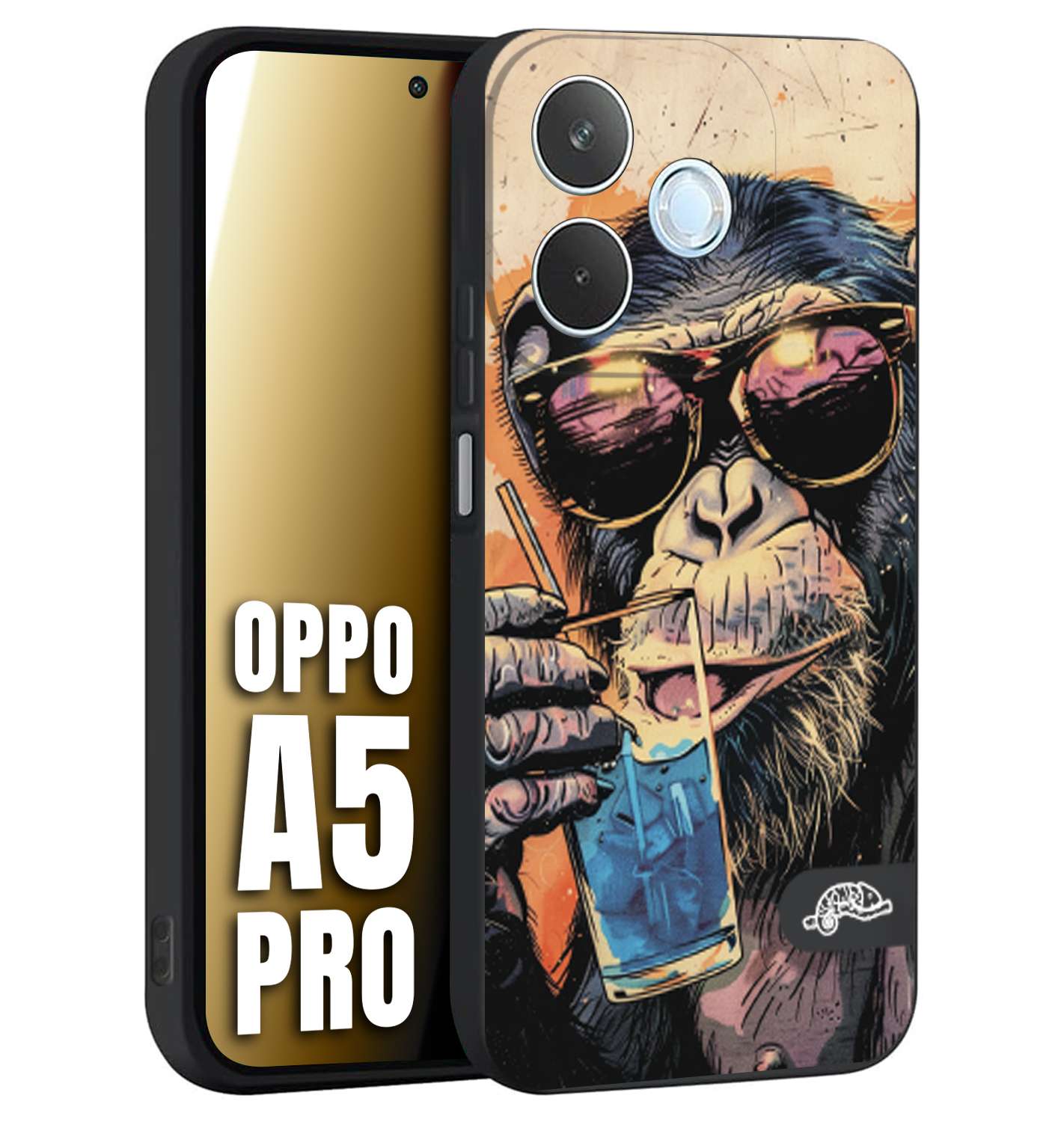 CUSTOMIZZA - Custodia cover nera morbida in tpu compatibile per Oppo A5 PRO estate disegnata cocktails animali simpatici scimmia monkey negroni