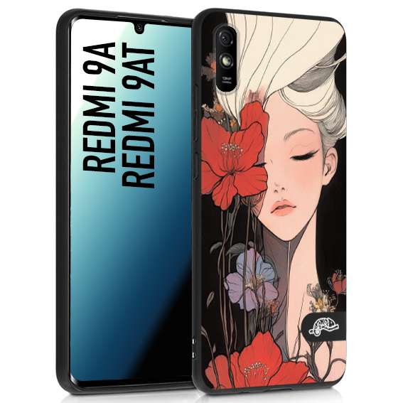 CUSTOMIZZA - Custodia cover nera morbida in tpu compatibile per Xiaomi Redmi 9A - 9AT woman flower Fantasia Floreale Design Donna e Fiori, Retro Artistico