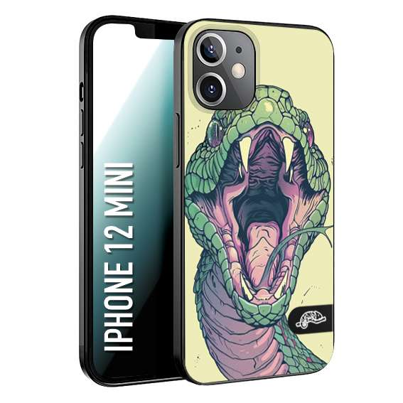 CUSTOMIZZA - Custodia cover nera morbida in tpu compatibile per iPhone 12 MINI snake yellow green serpente tatuaggio tattoo disegnato a mano
