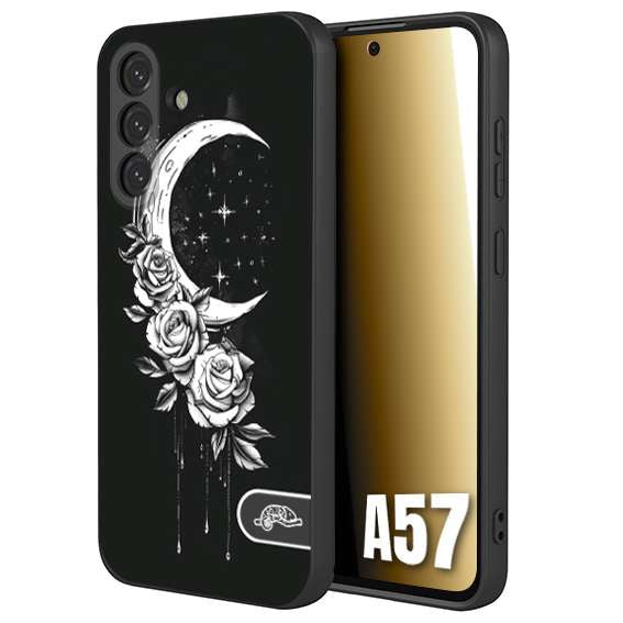 CUSTOMIZZA - Custodia cover nera morbida in tpu compatibile per Samsung A57 luna e fiori moon flowers black and white bianco a rilievo disegnato