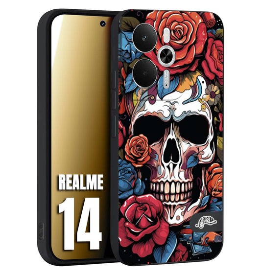 CUSTOMIZZA - Custodia cover nera morbida in tpu compatibile per Realme 14 5G teschio skull flowers fiori rose rosse tattoo disegnato