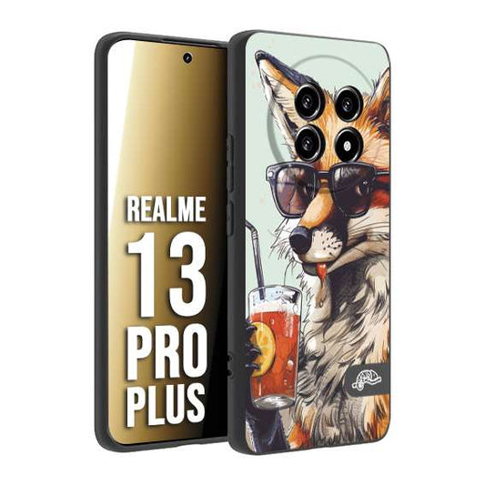 CUSTOMIZZA - Custodia cover nera morbida in tpu compatibile per Realme 13 PRO PLUS estate disegnata cocktails animali simpatici fox volpe negroni