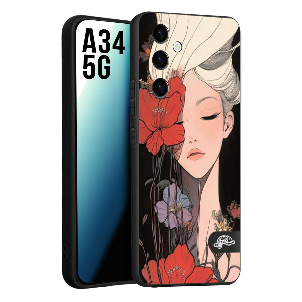 CUSTOMIZZA - Custodia cover nera morbida in tpu compatibile per Samsung A34 5G woman flower Fantasia Floreale Design Donna e Fiori, Retro Artistico