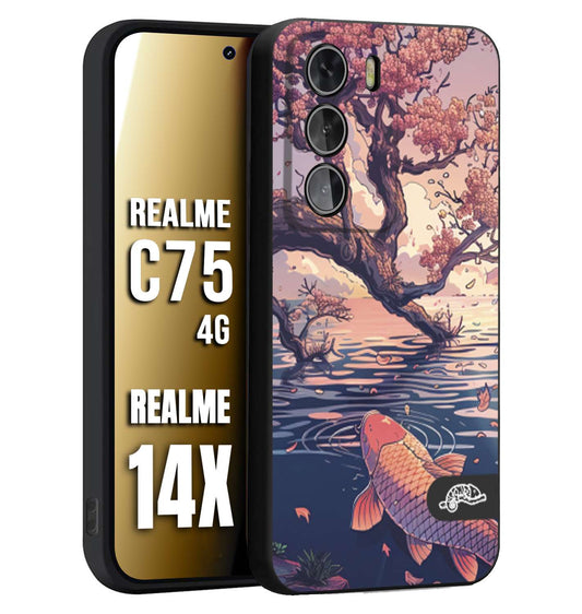 CUSTOMIZZA - Custodia cover nera morbida in tpu compatibile per Realme 14X - C75 4G giapponese lago carpa koi rosa con foglie d'acero disegnata tattoo