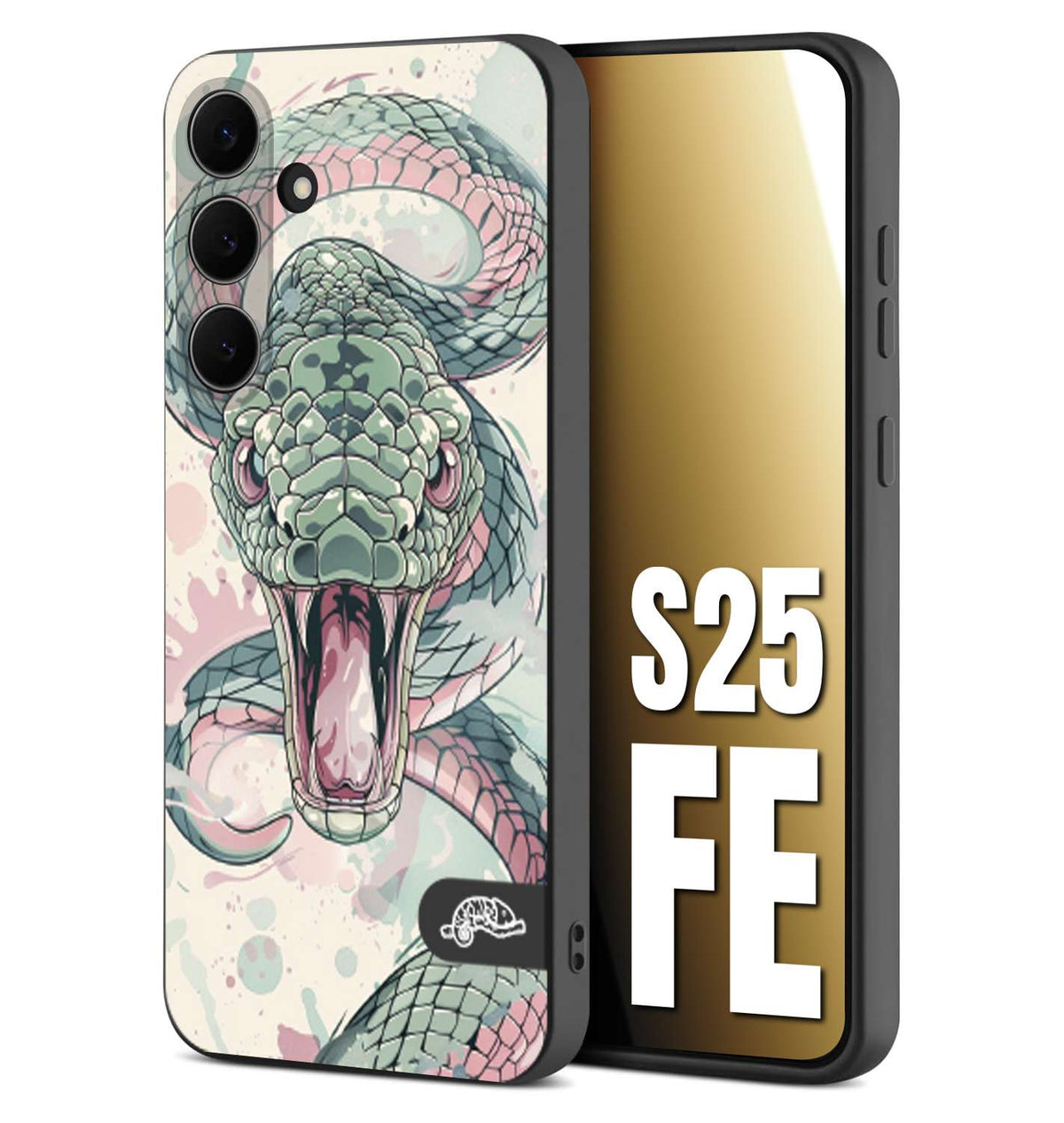 CUSTOMIZZA - Custodia cover nera morbida in tpu compatibile per Samsung S25 FE snake pink green serpente tatuaggio tattoo disegnato a mano