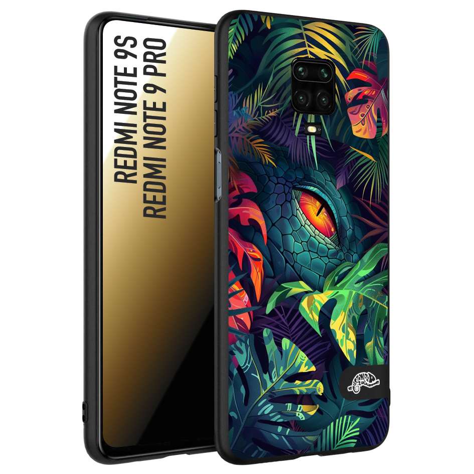 CUSTOMIZZA - Custodia cover nera morbida in tpu compatibile per Xiaomi Redmi Note 9S - Note 9 PRO animali color giungla tropicale occhio di coccodrillo alligatore disegnato
