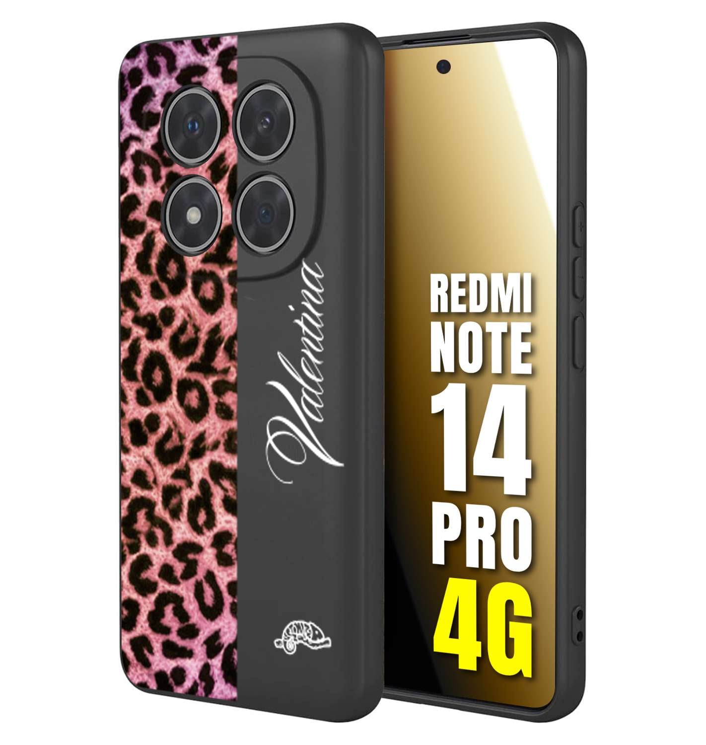 CUSTOMIZZA - Custodia cover nera morbida in tpu compatibile per Xiaomi Redmi Note 14 PRO 4G leopardato rosa fucsia personalizzata nome iniziali