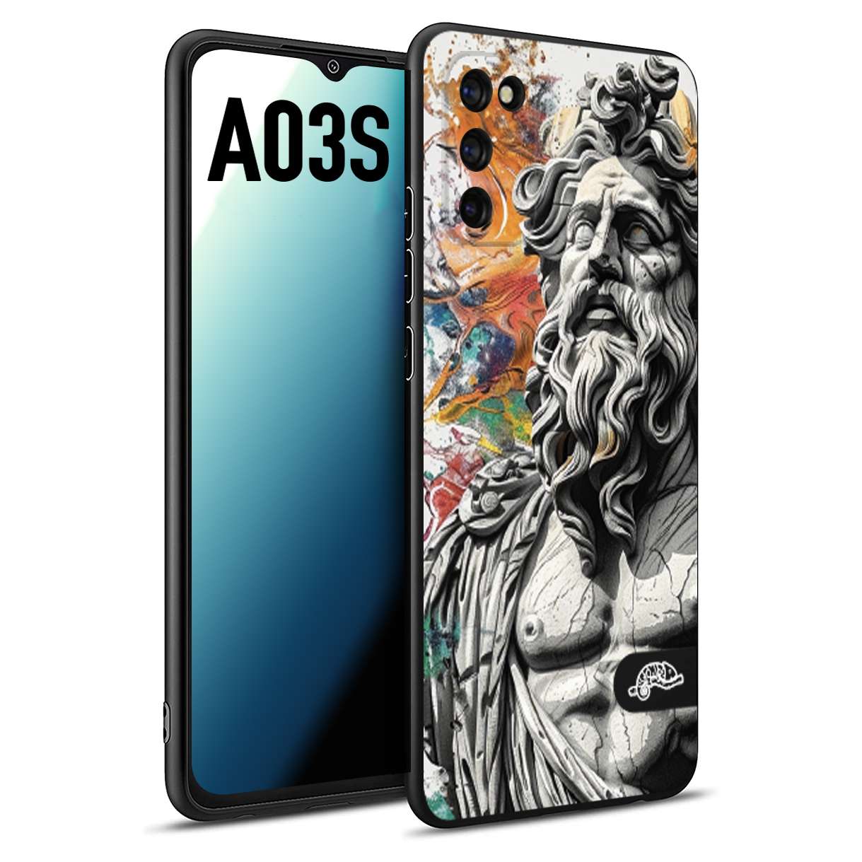 CUSTOMIZZA - Custodia cover nera morbida in tpu compatibile per Samsung A03S statua colorata moderna antico tattoo splash color