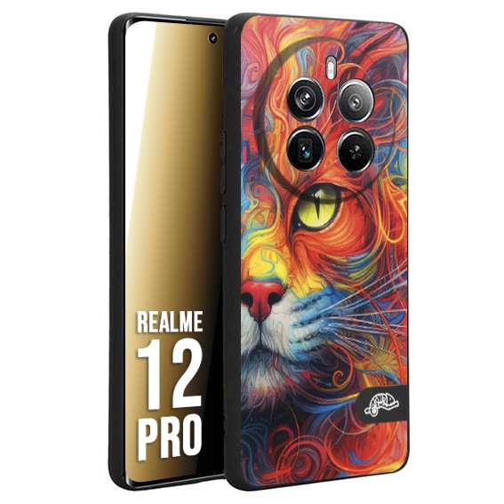 CUSTOMIZZA - Custodia cover nera morbida in tpu compatibile per Realme 12 PRO animali color cat gatto viso colori vibranti disegnato schizzo
