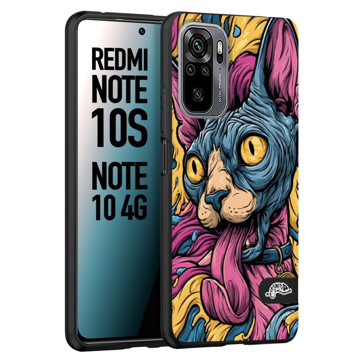 CUSTOMIZZA - Custodia cover nera morbida in tpu compatibile per Xiaomi Redmi Note 10S Sphynx Colorato Pop Art Psichedelico Gatto Blu Rosa Giallo Artistica Fantasy