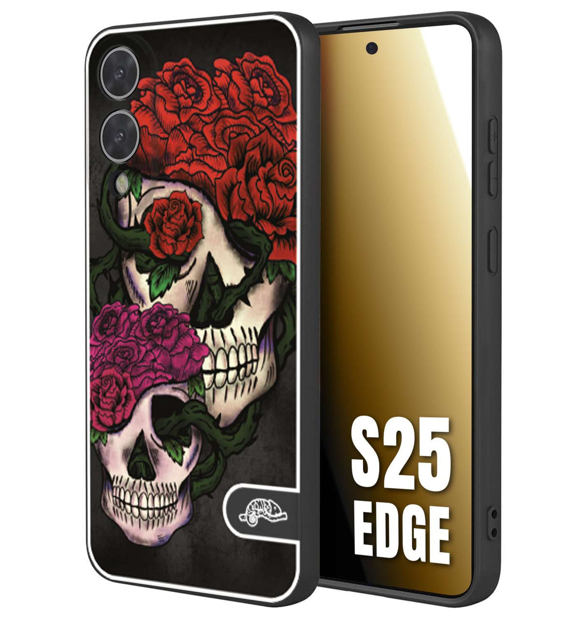 CUSTOMIZZA - Custodia cover nera morbida in tpu compatibile per Samsung S25 EDGE teschi e rose rosse fucsia skull and roses