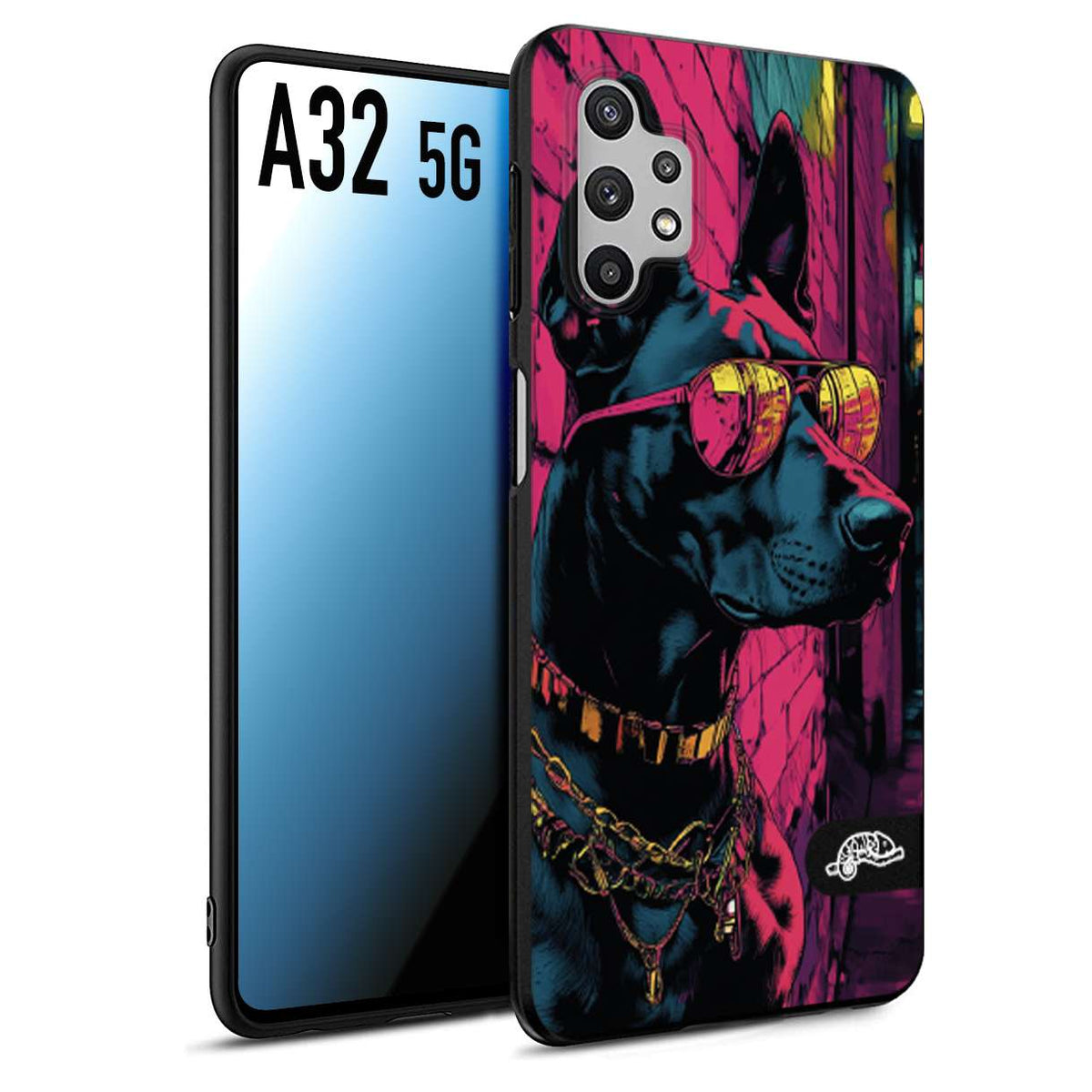 CUSTOMIZZA - Custodia cover nera morbida in tpu compatibile per Samsung A32 5G animali cyberpunk dobermann cane street dog fucsia blu