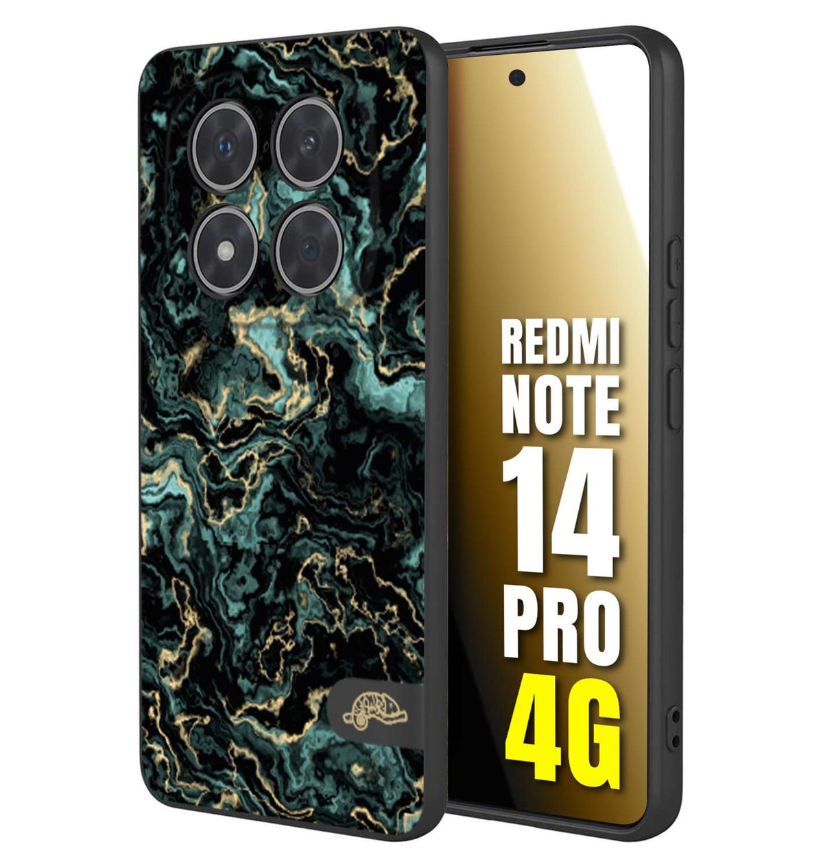 CUSTOMIZZA - Custodia cover nera morbida in tpu compatibile per Xiaomi Redmi Note 14 PRO 4G effetto marmo marble verde green venature dorato pietra