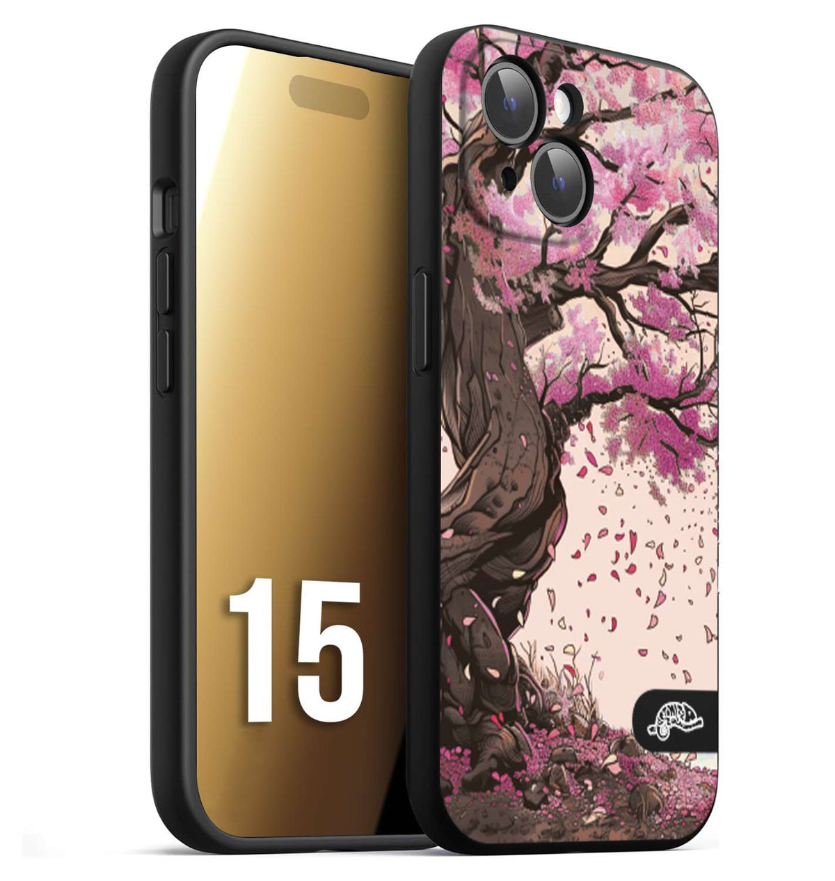 CUSTOMIZZA - Custodia cover nera morbida in tpu compatibile per iPhone 15 giapponese colori morbidi fiori di ciliegio rosa disegnata