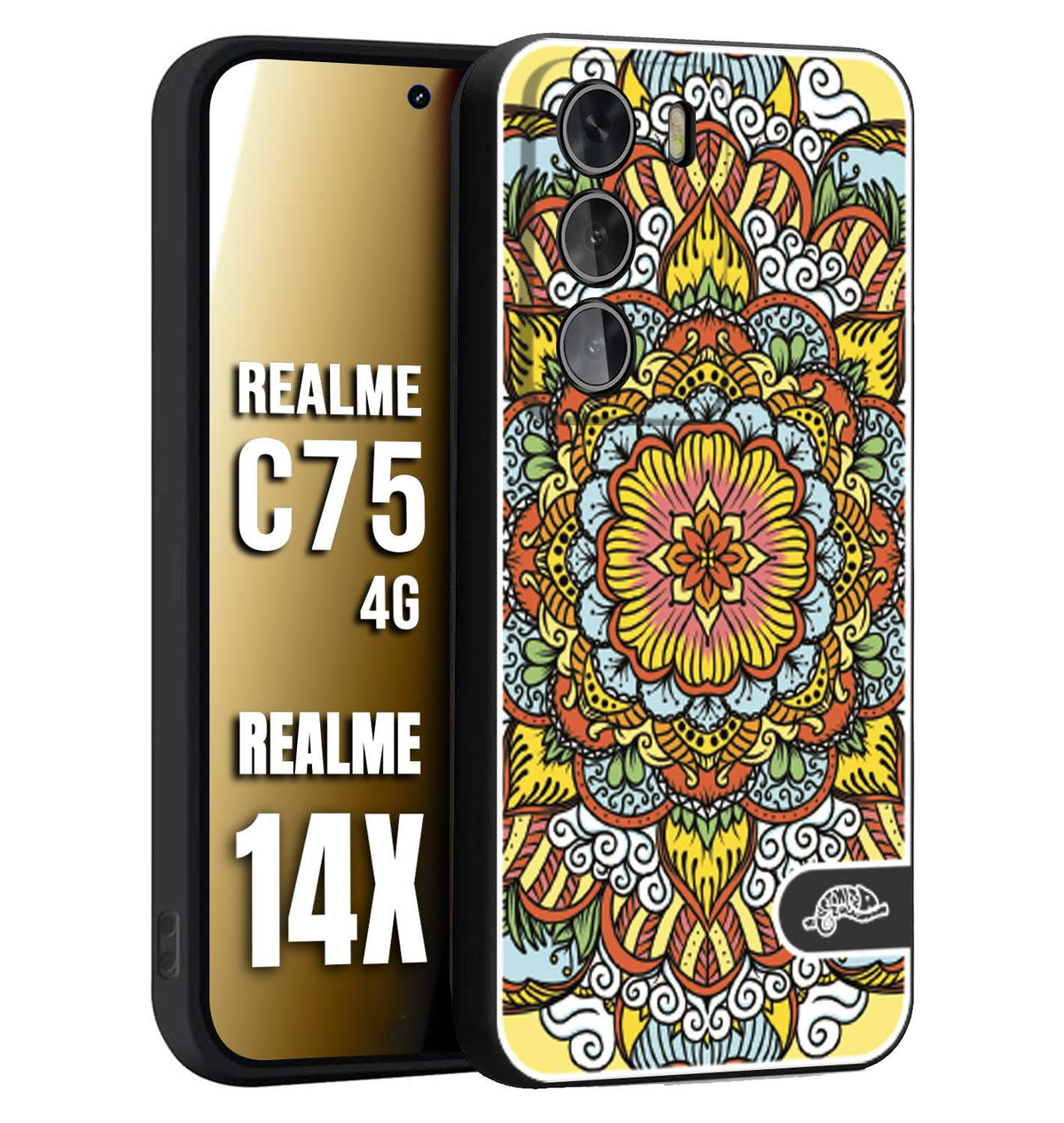 CUSTOMIZZA - Custodia cover nera morbida in tpu compatibile per Realme 14X - C75 4G mandala colorato fiore nuvole arancione