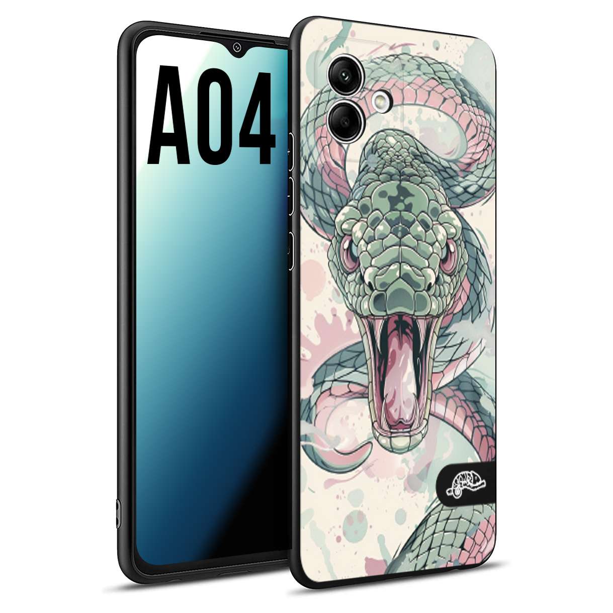 CUSTOMIZZA - Custodia cover nera morbida in tpu compatibile per Samsung A04 snake pink green serpente tatuaggio tattoo disegnato a mano