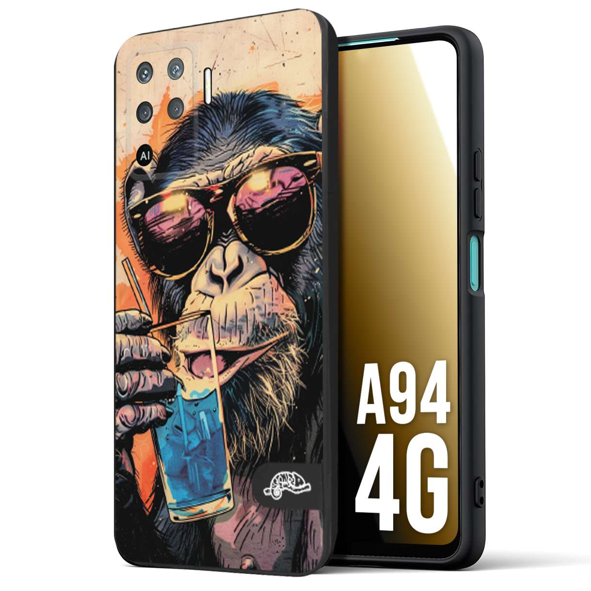 CUSTOMIZZA - Custodia cover nera morbida in tpu compatibile per Oppo A94 4G estate disegnata cocktails animali simpatici scimmia monkey negroni