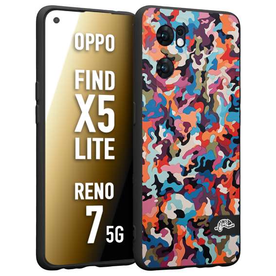 CUSTOMIZZA - Custodia cover nera morbida in tpu compatibile per Oppo Reno 7 - Find X5 LITE camouflage mimetico militare moderno blu arancio rosa