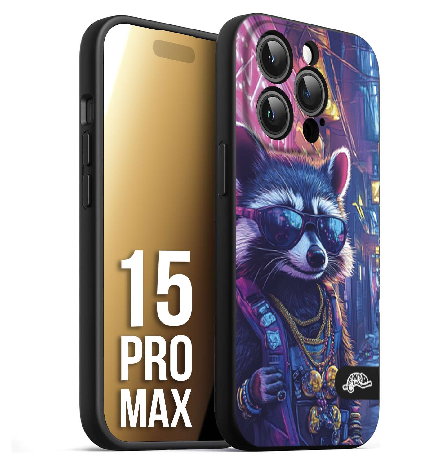 CUSTOMIZZA - Custodia cover nera morbida in tpu compatibile per iPhone 15 PRO MAX animali simpatici cyberpunk procione racoon street cat fucsia blu giallo