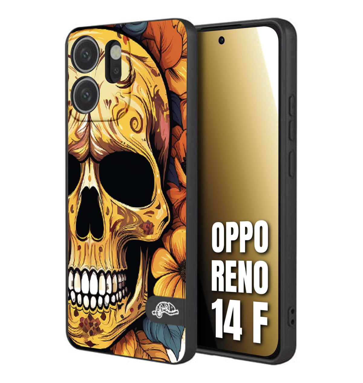 CUSTOMIZZA - Custodia cover nera morbida in tpu compatibile per Oppo Reno 14 F teschio messicano colorato dorato fiori autunnali disegnato