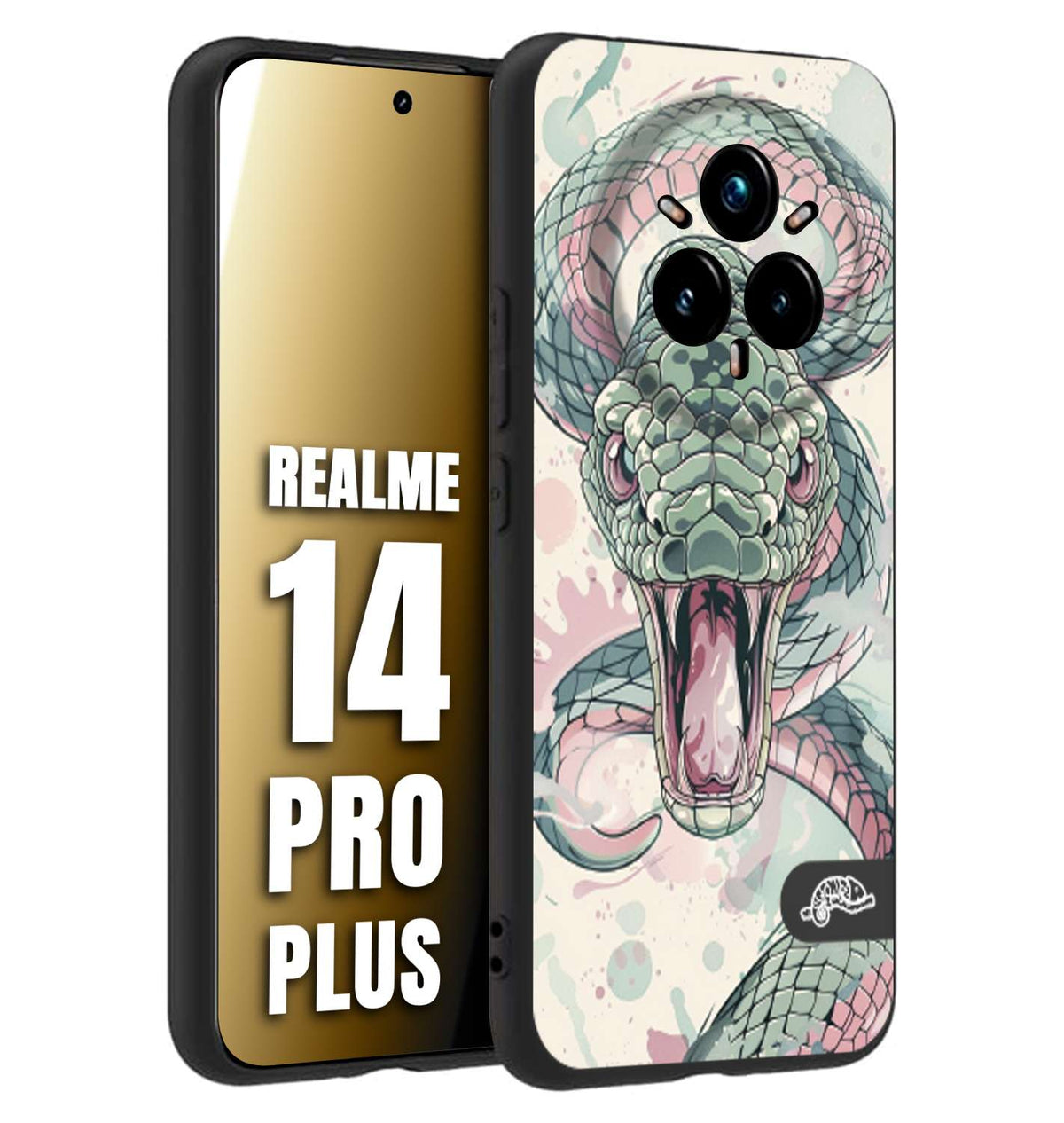 CUSTOMIZZA - Custodia cover nera morbida in tpu compatibile per Realme 14 PRO PLUS snake pink green serpente tatuaggio tattoo disegnato a mano