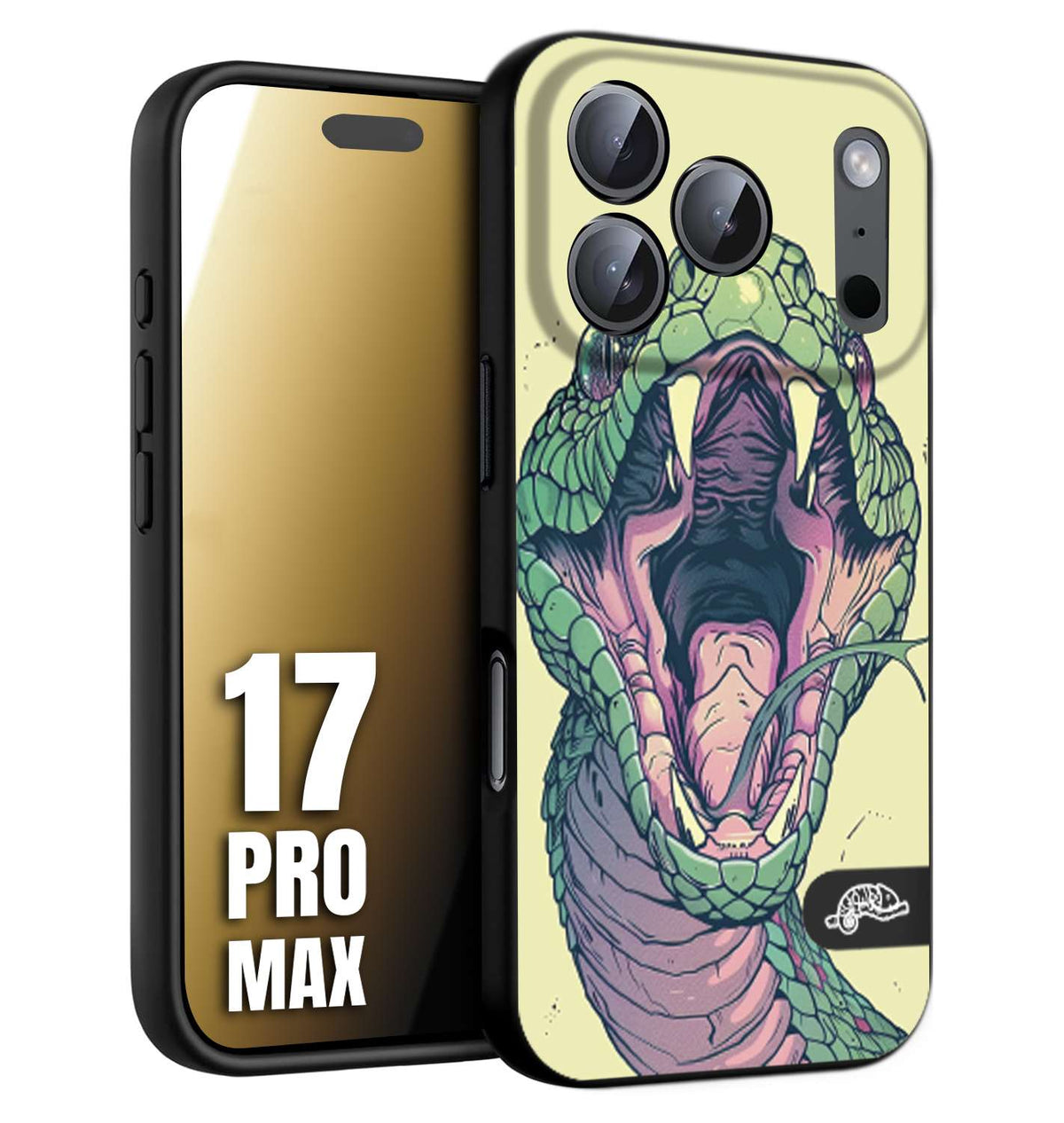 CUSTOMIZZA - Custodia cover nera morbida in tpu compatibile per iPhone 17 PRO MAX snake yellow green serpente tatuaggio tattoo disegnato a mano