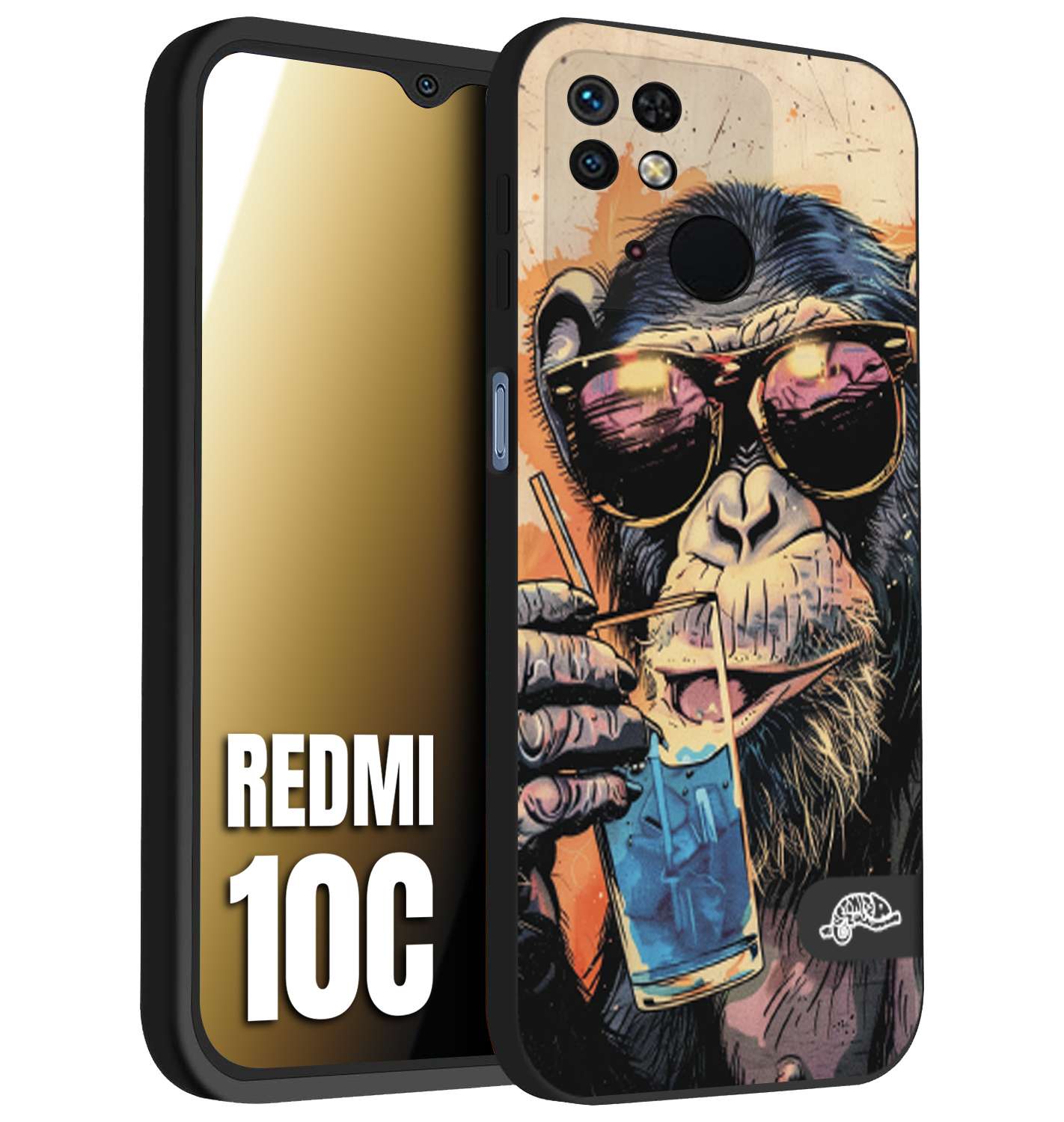 CUSTOMIZZA - Custodia cover nera morbida in tpu compatibile per Xiaomi Redmi 10C estate disegnata cocktails animali simpatici scimmia monkey negroni