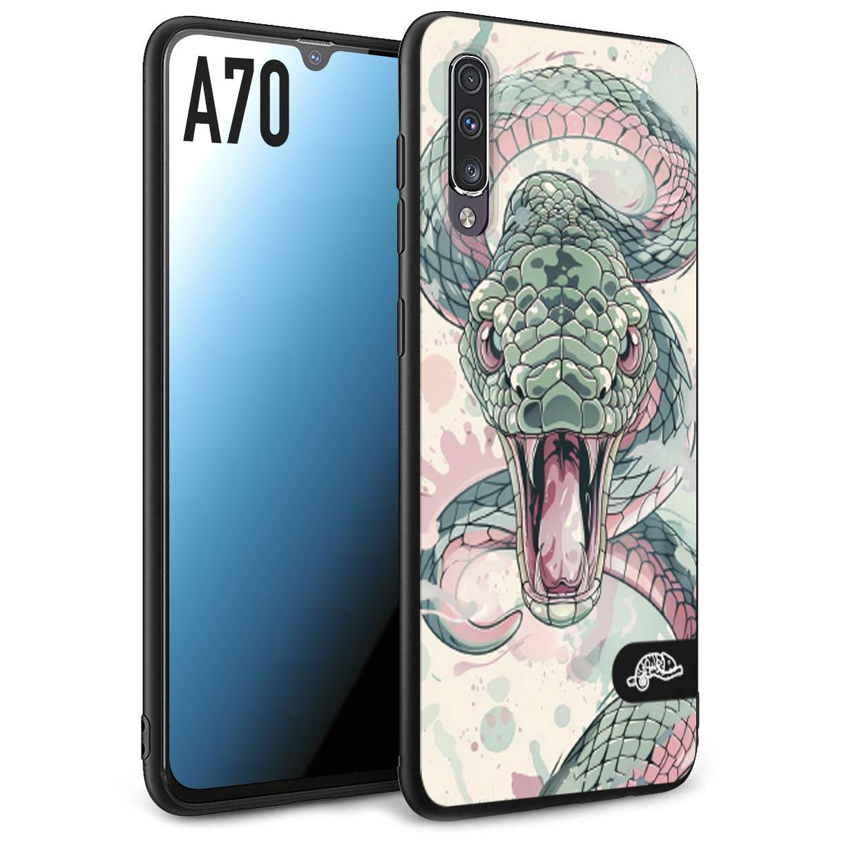 CUSTOMIZZA - Custodia cover nera morbida in tpu compatibile per Samsung A70 snake pink green serpente tatuaggio tattoo disegnato a mano