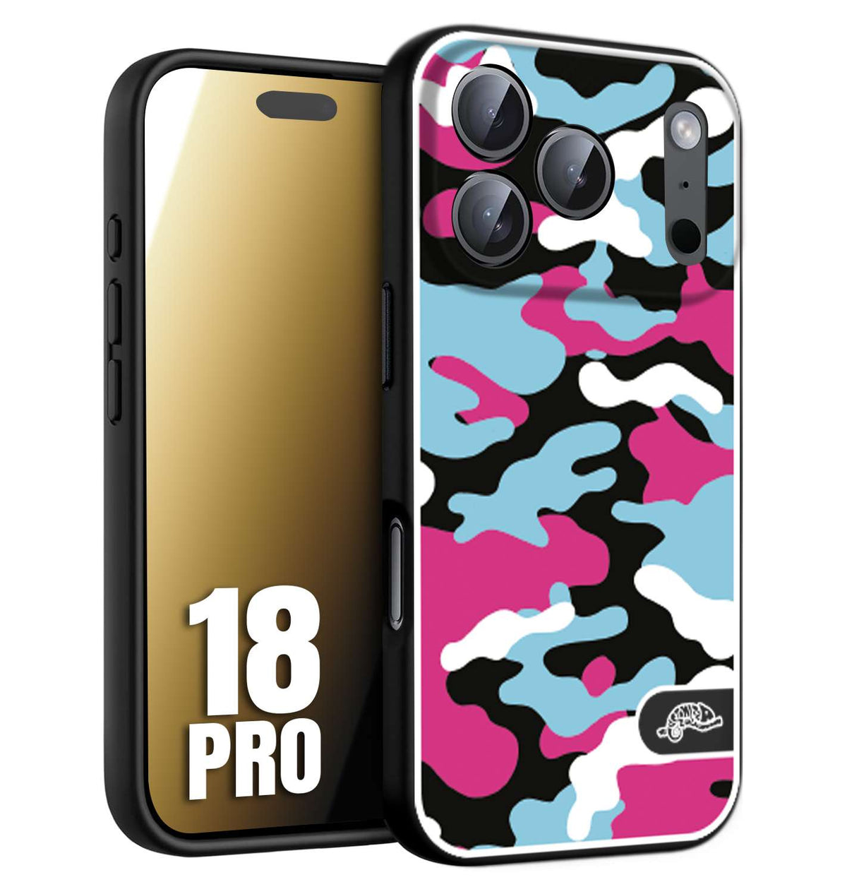 CUSTOMIZZA - Custodia cover nera morbida in tpu compatibile per iPhone 18 PRO camouflage mimetico militare fucsia celeste