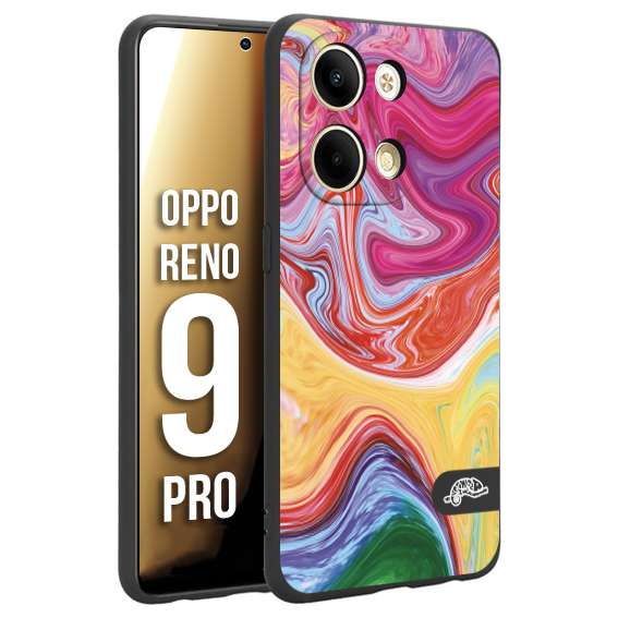 CUSTOMIZZA - Custodia cover nera morbida in tpu compatibile per Oppo Reno 9 PRO colorata fantasia vortice marmo onde verde fucsia gialla