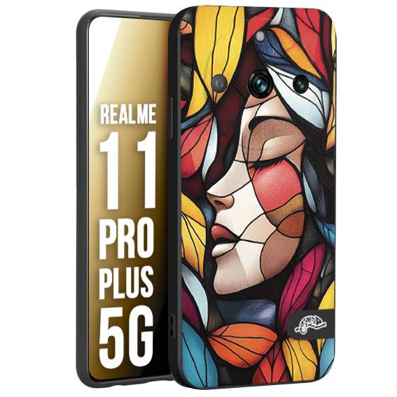 CUSTOMIZZA - Custodia cover nera morbida in tpu compatibile per Realme 11 PRO PLUS 5G Vetrata artistica volto di donna profilo fogliare mosaico di vetro colorato