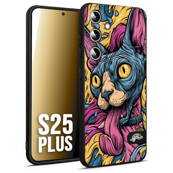 CUSTOMIZZA - Custodia cover nera morbida in tpu compatibile per Samsung S25 PLUS Sphynx Colorato Pop Art Psichedelico Gatto Blu Rosa Giallo Artistica Fantasy