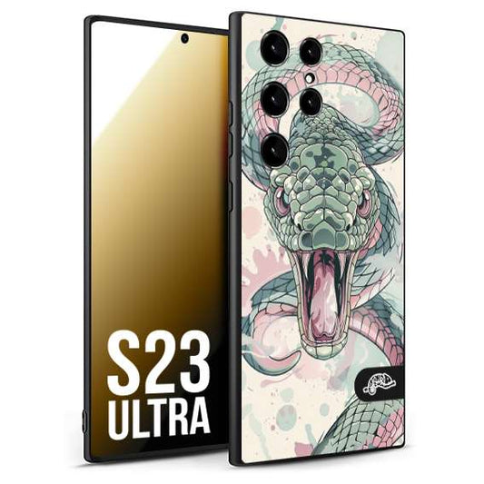 CUSTOMIZZA - Custodia cover nera morbida in tpu compatibile per Samsung S23 ULTRA snake pink green serpente tatuaggio tattoo disegnato a mano