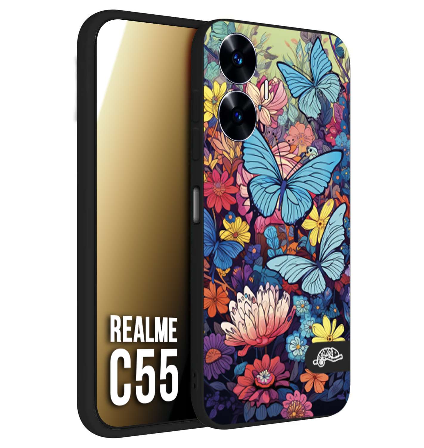 CUSTOMIZZA - Custodia cover nera morbida in tpu compatibile per Oppo C55 farfalle butterfly moderno donna disegnate gialla blu rosa