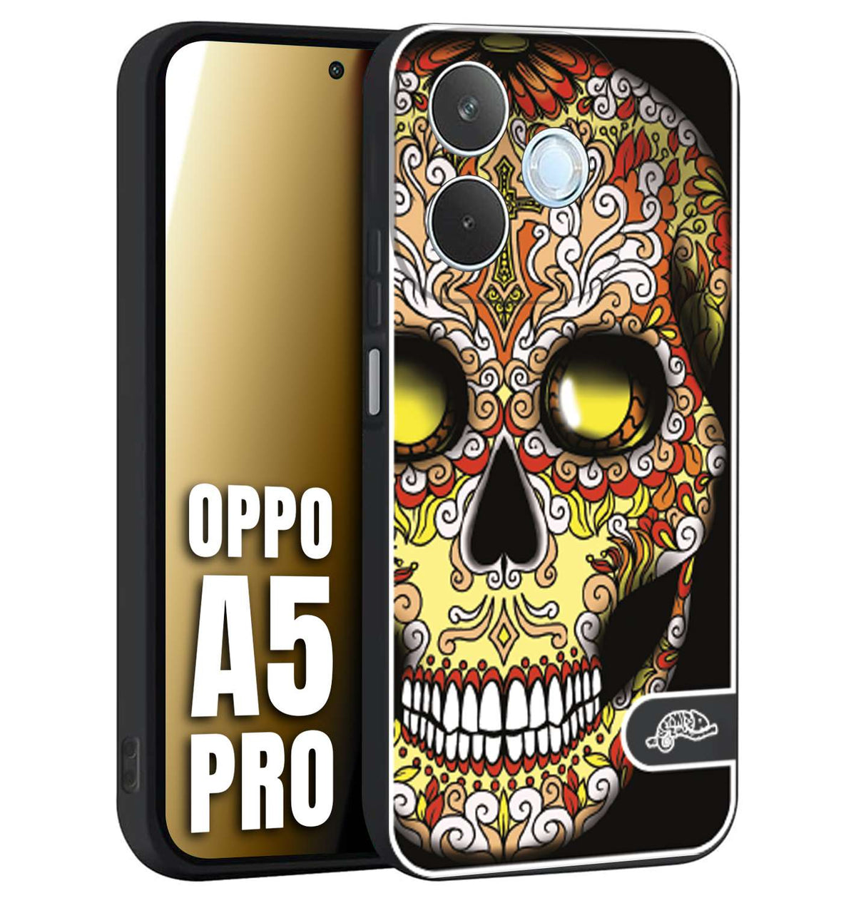 CUSTOMIZZA - Custodia cover nera morbida in tpu compatibile per Oppo A5 PRO teschio messicano Mexican skull giallo rosso arancio
