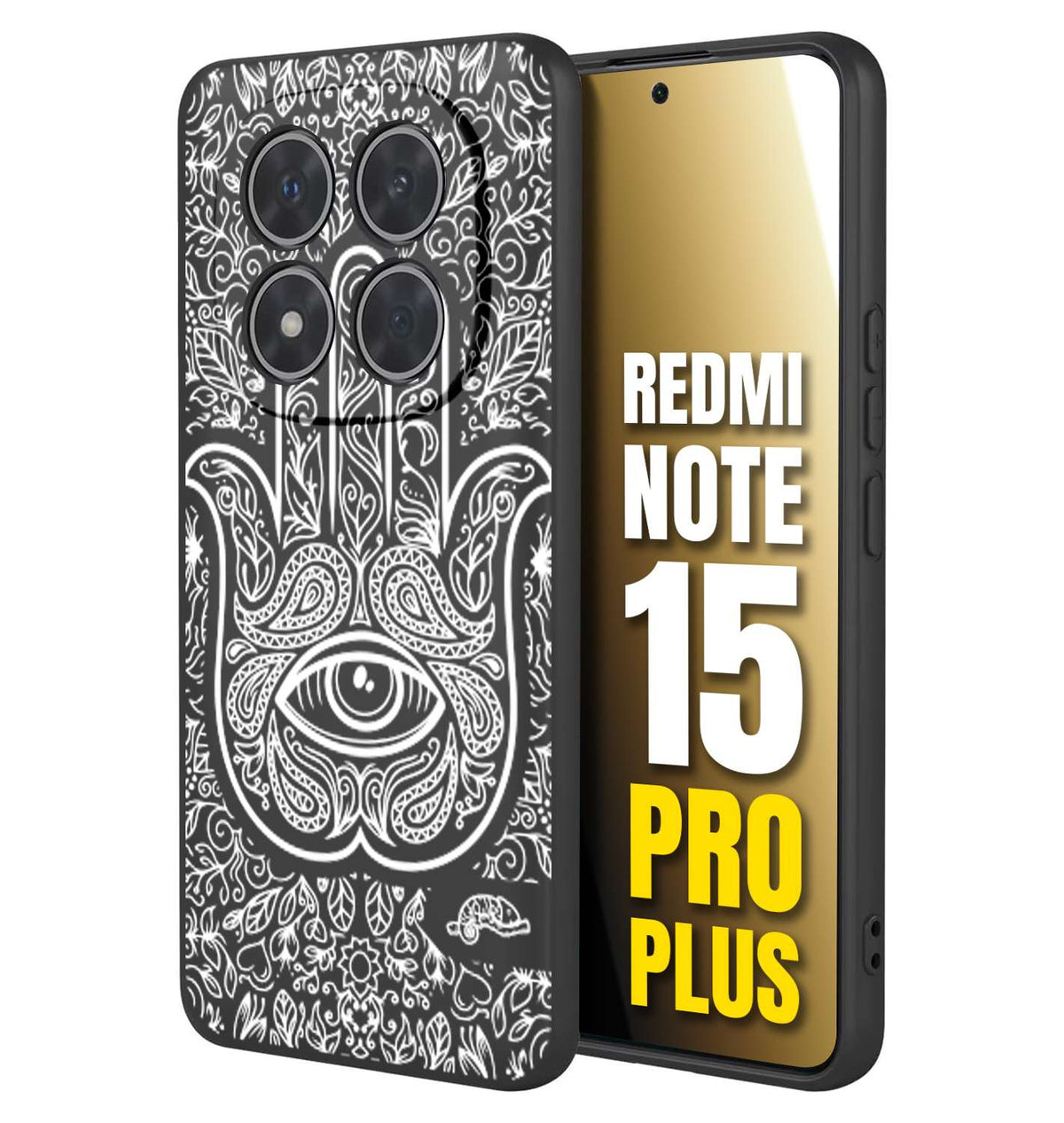 CUSTOMIZZA - Custodia cover nera morbida in tpu compatibile per Xiaomi Redmi Note 15 PRO PLUS mano di fatima effetto rilievo mandala donna