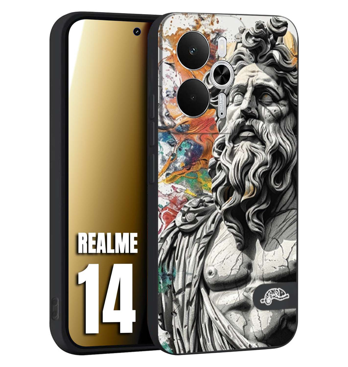CUSTOMIZZA - Custodia cover nera morbida in tpu compatibile per Realme 14 5G statua colorata moderna antico tattoo splash color
