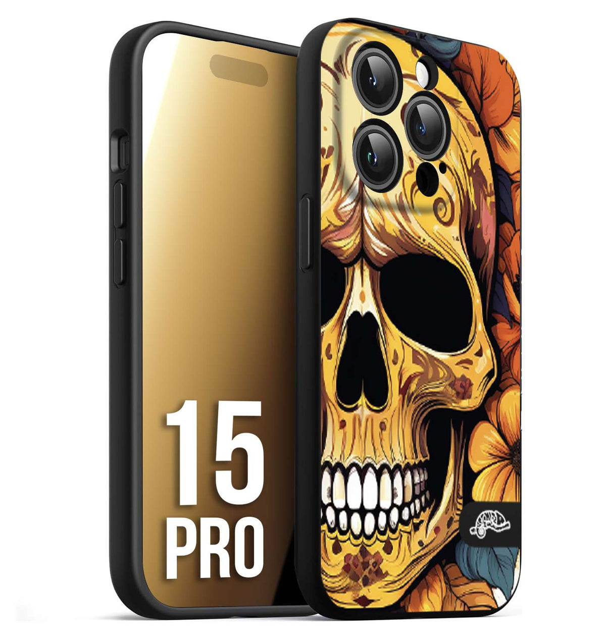 CUSTOMIZZA - Custodia cover nera morbida in tpu compatibile per iPhone 15 PRO teschio messicano colorato dorato fiori autunnali disegnato