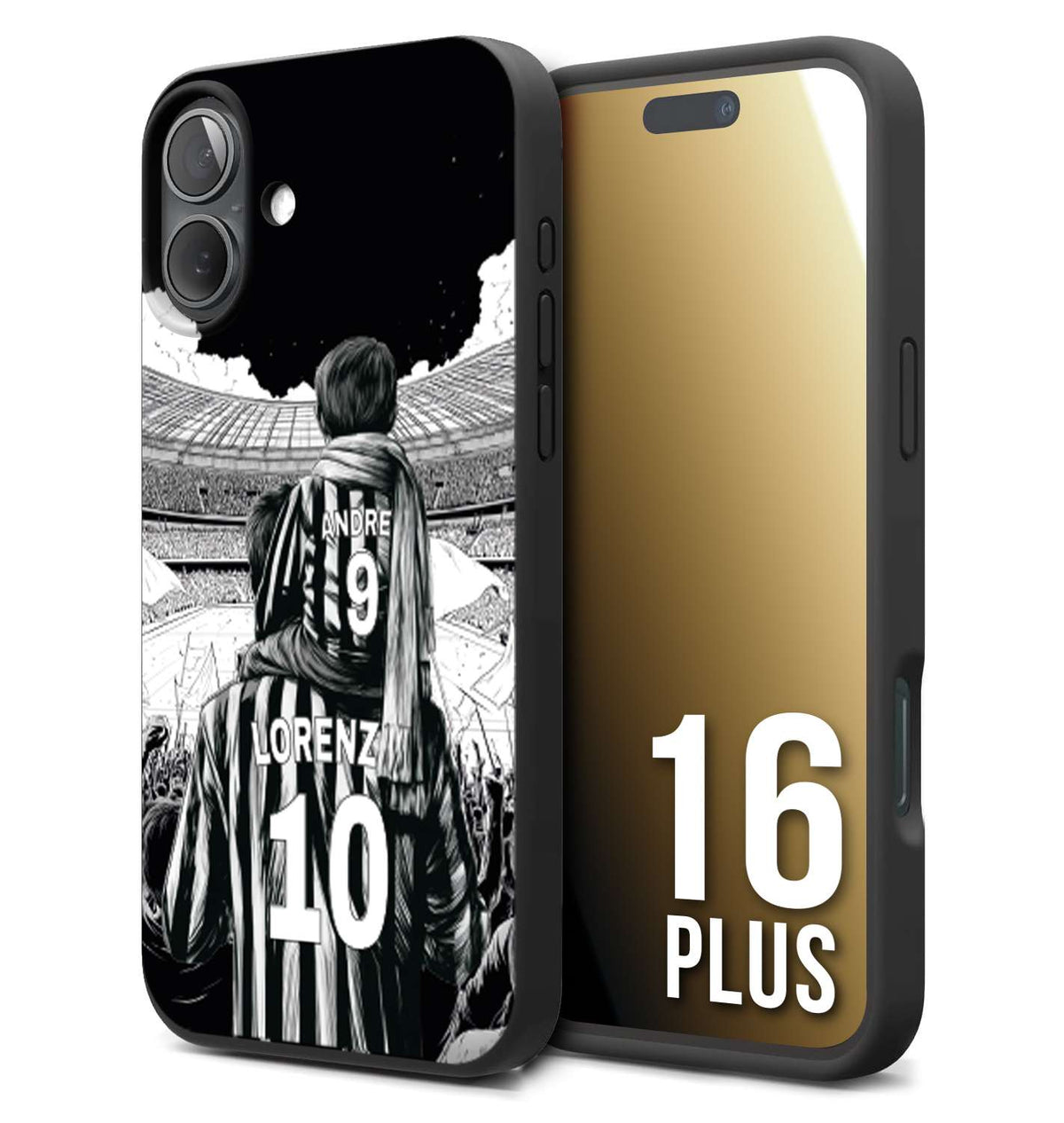 CUSTOMIZZA - Custodia cover nera morbida in tpu compatibile per iPhone 16 PLUS personalizzata calcio football nome e numero calciatori bianconeri bianca e nera