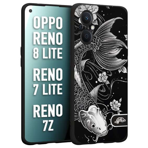 CUSTOMIZZA - Custodia cover nera morbida in tpu compatibile per Oppo Reno 7 Lite - 8 Lite - 7Z carpa koi black and white bianco a rilievo disegnato tattoo tatuaggio